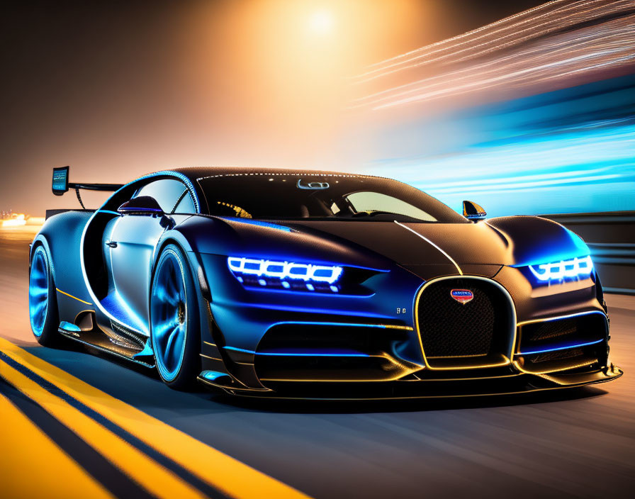 Luxurious Black Bugatti with LED Headlights Speeding at Night