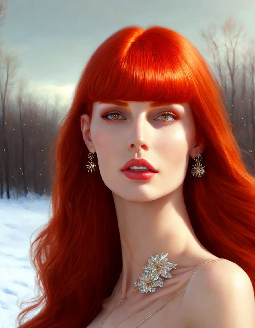 Portrait of Woman with Red Hair and Green Eyes in Snowy Woodland Setting