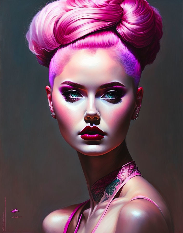 Portrait of woman with pink updo, blue eyes, makeup, and shoulder tattoo