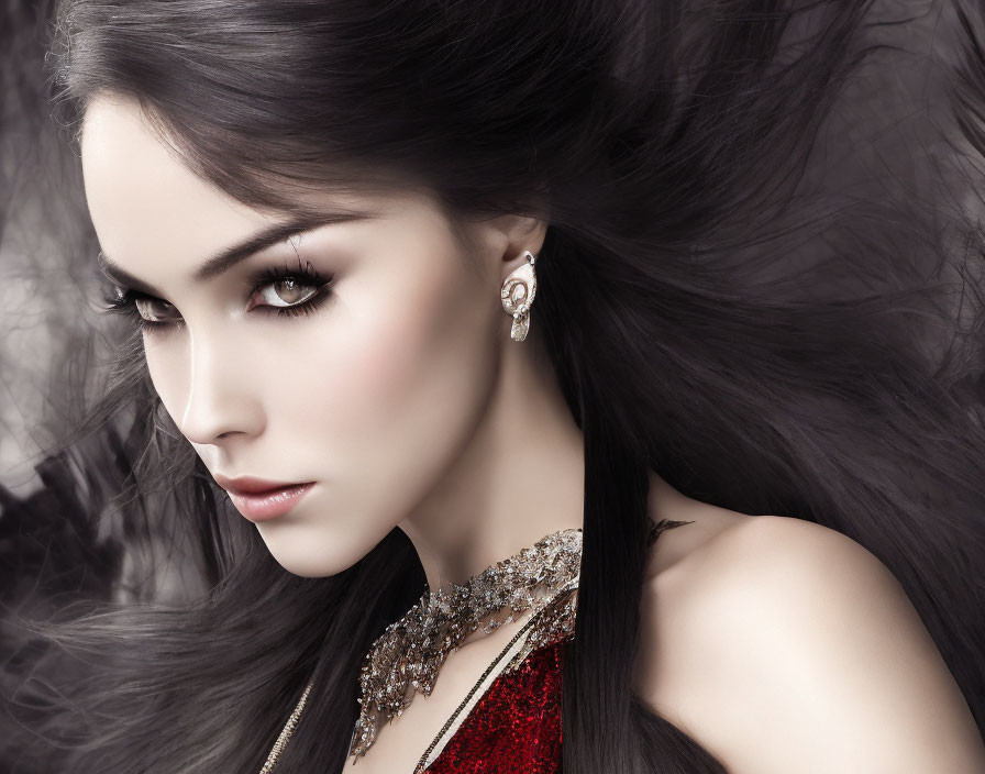 Woman with Smoky Eye Makeup, Dark Hair, Glitzy Earring, Red Garment