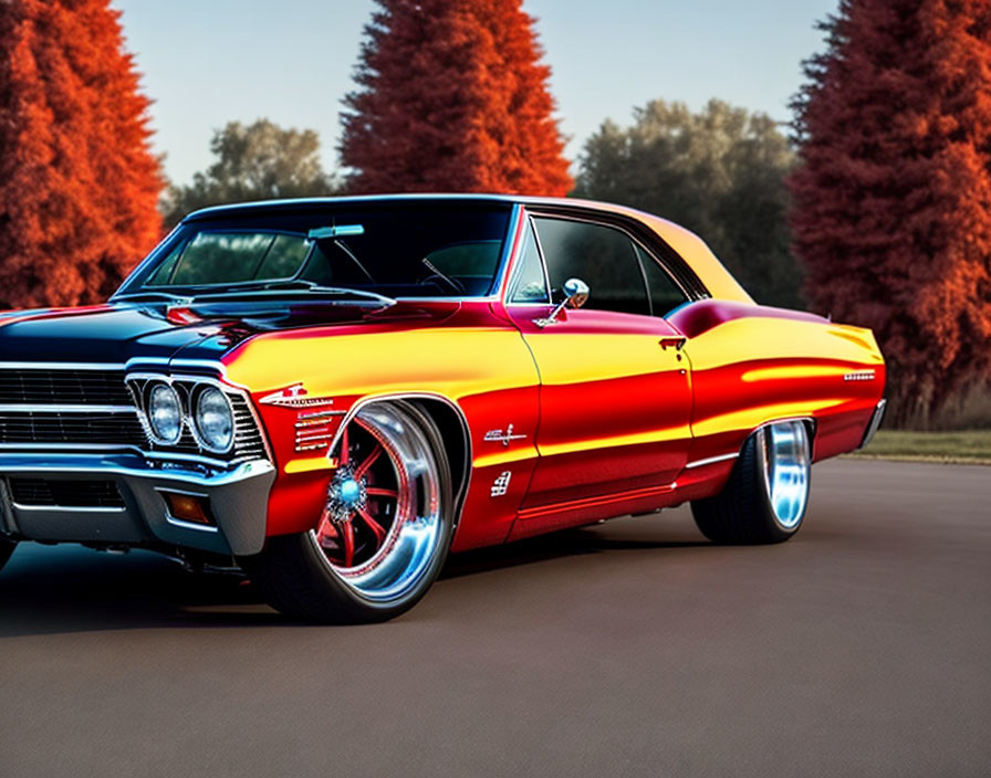 Vintage car with red-to-yellow gradient paint and chrome accents parked by autumn trees