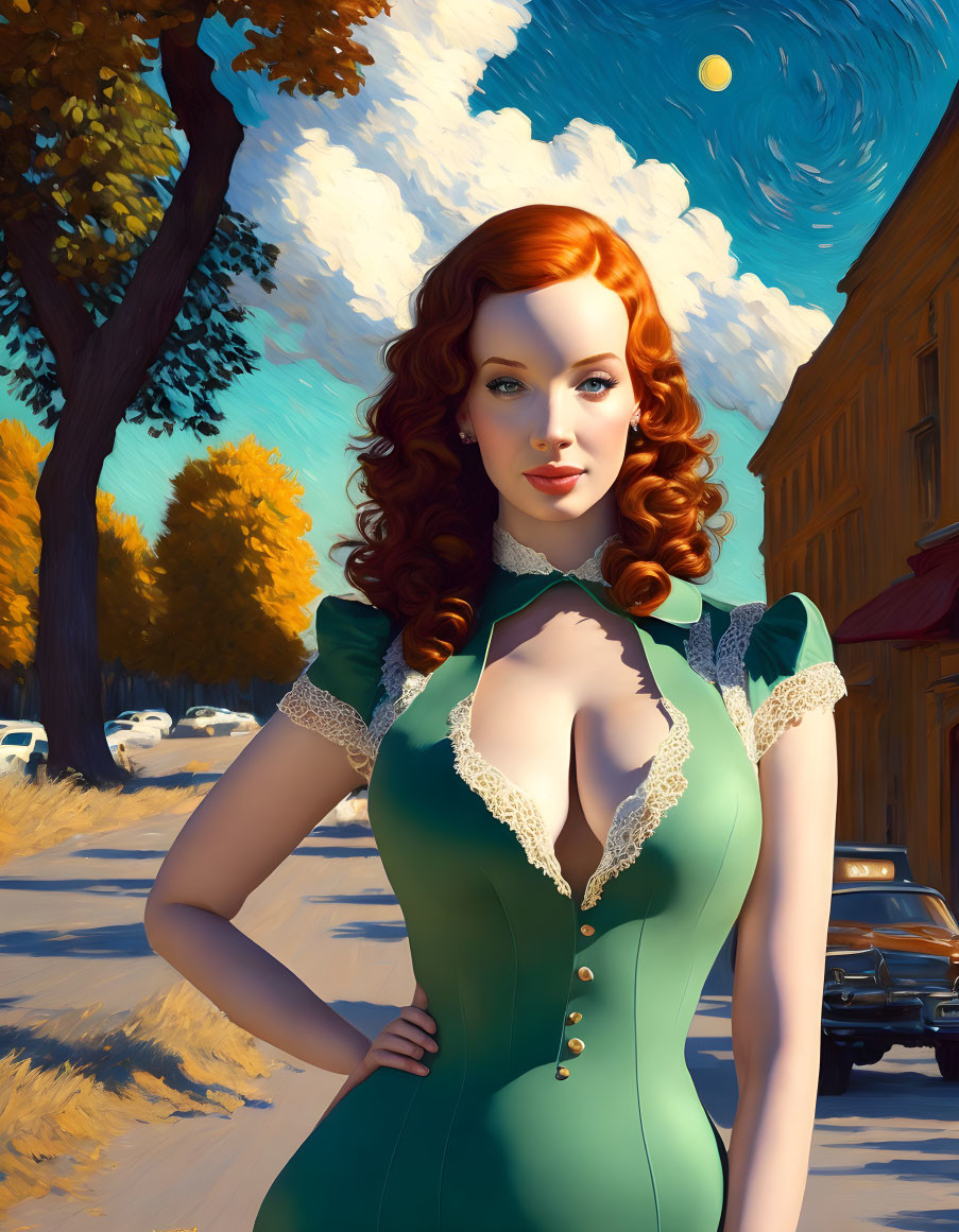 Red-haired woman in vintage green dress on sunny street with classic car and autumn trees.