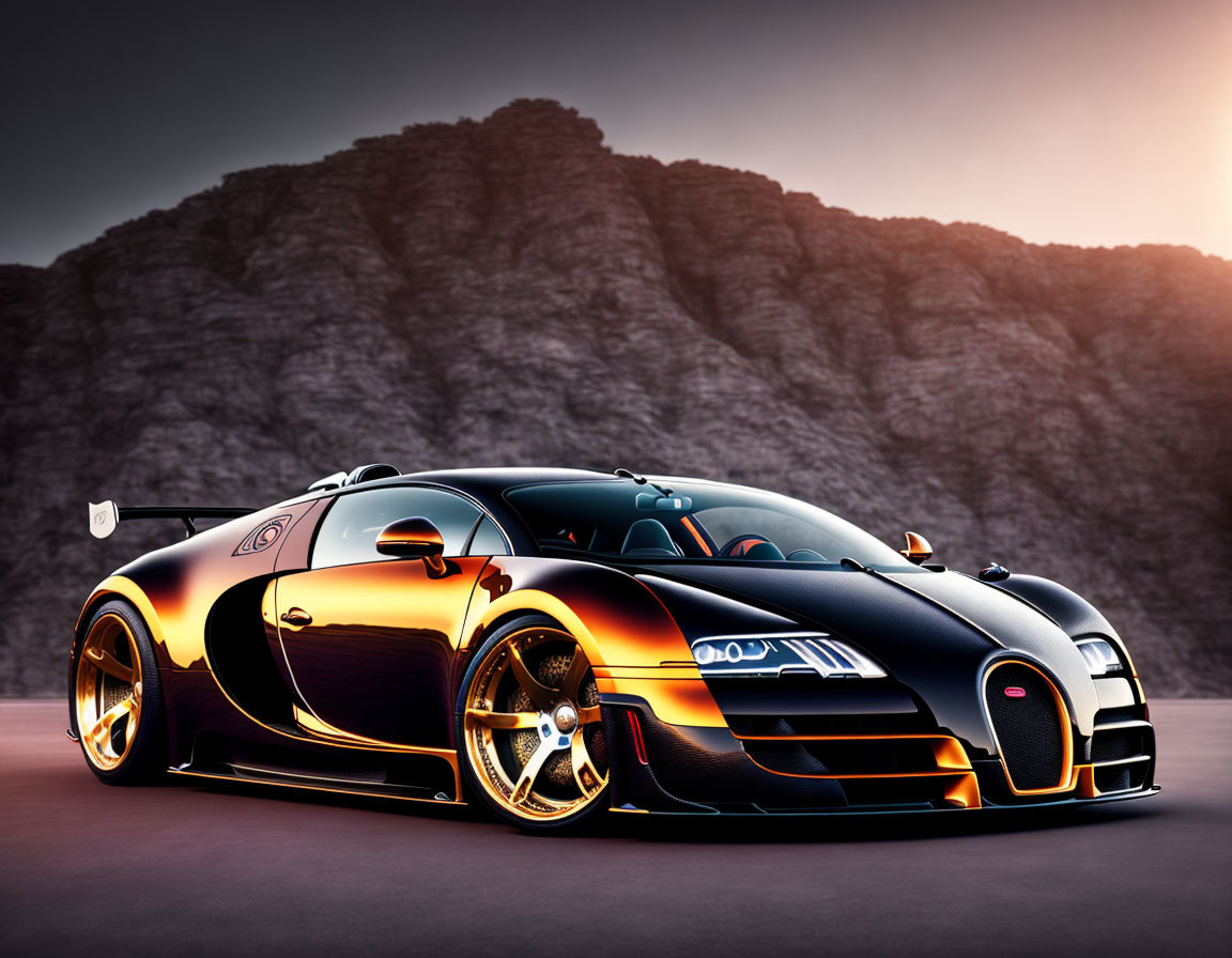 Luxurious Black Bugatti Veyron with Gold Accents Against Mountain Sunset