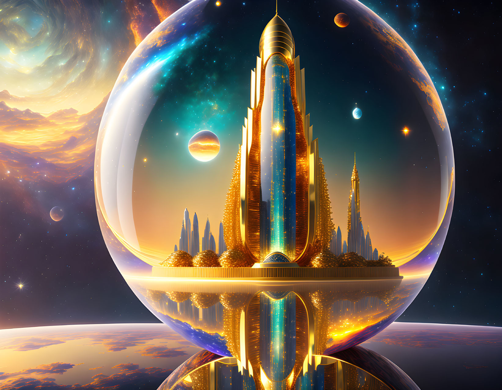 Transparent bubble encapsulating futuristic city with towering spires against cosmic backdrop