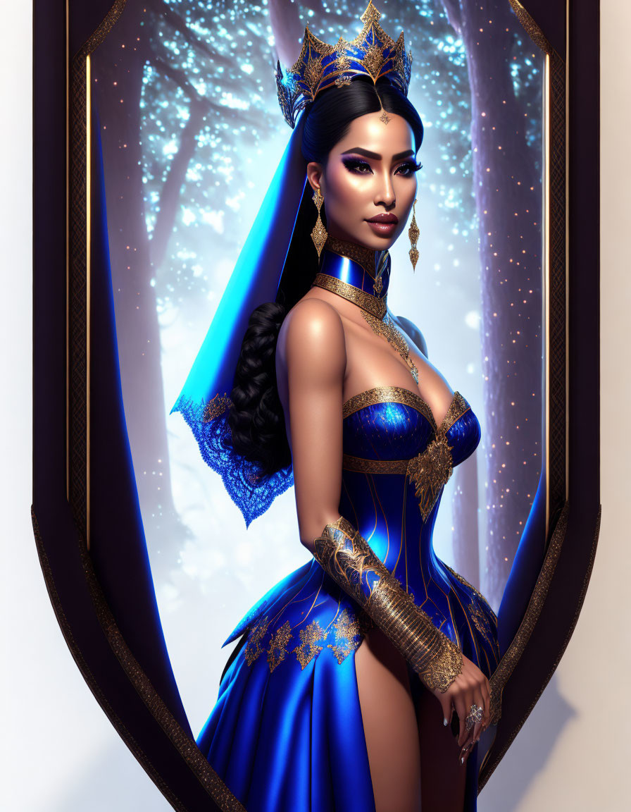 Regal woman in blue and gold gown with crown by ornate mirror in forest.