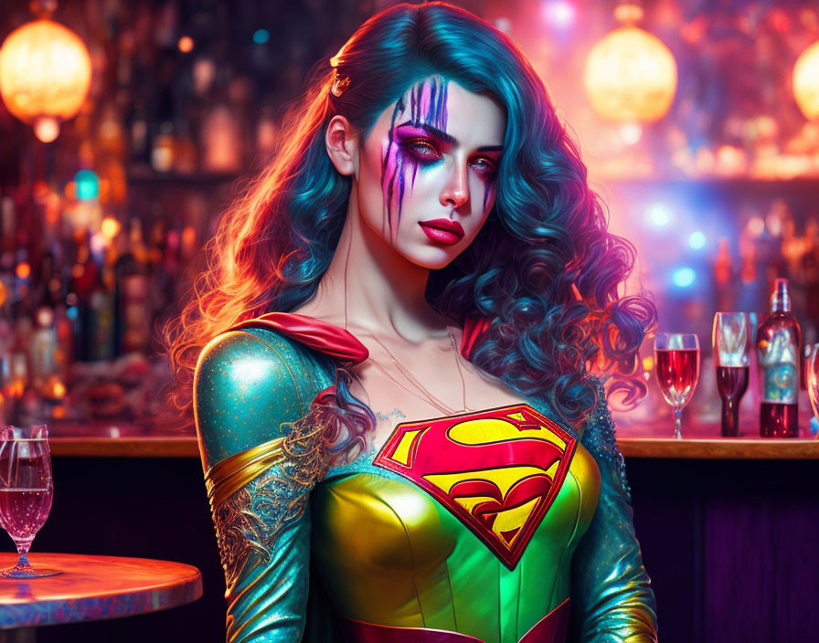 Colorful superhero woman in Superman costume at a bar with glasses