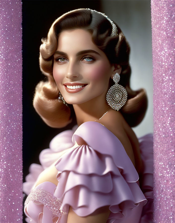 Vintage portrait of woman with wavy hair, sparkling earrings, pink dress, smiling behind glittering curtain