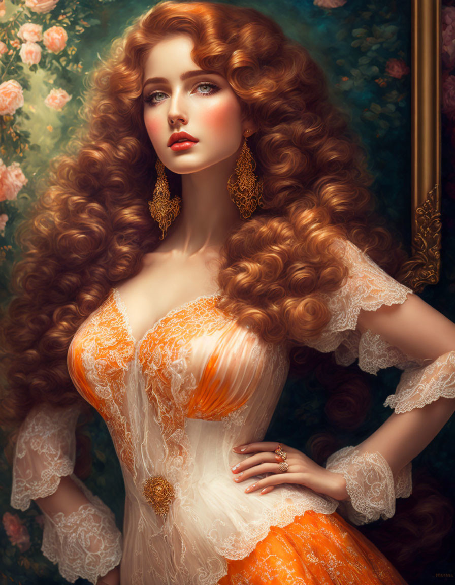 Voluminous curly auburn hair woman in white and orange dress with roses background