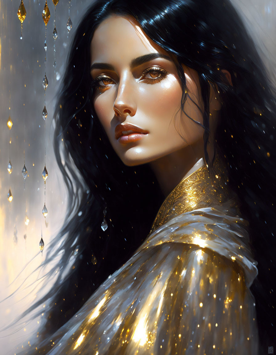 Portrait of Woman in Golden Garment with Crystal-like Droplets