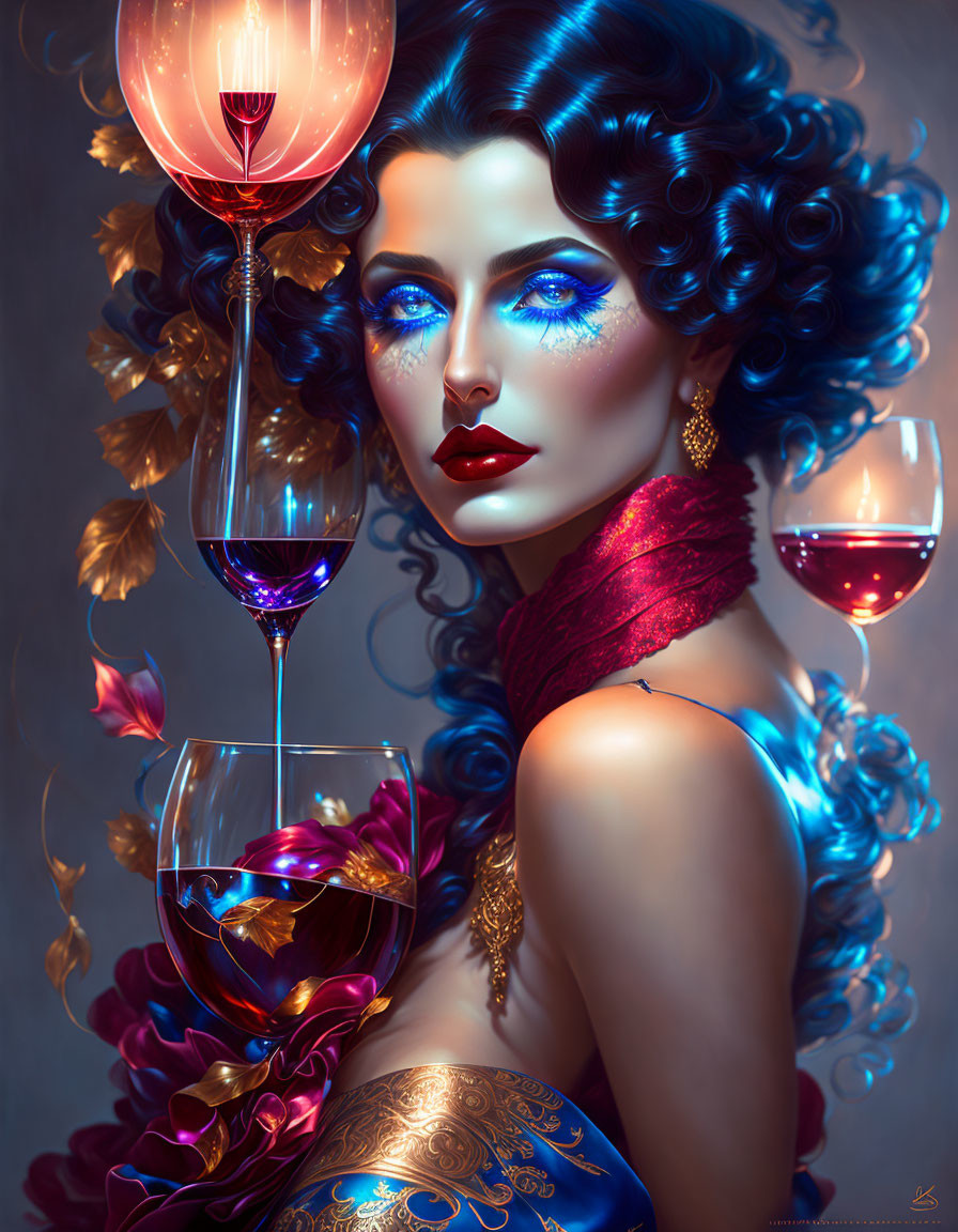 Portrait of a woman with blue eye makeup and curly hair, glassware, autumn leaves