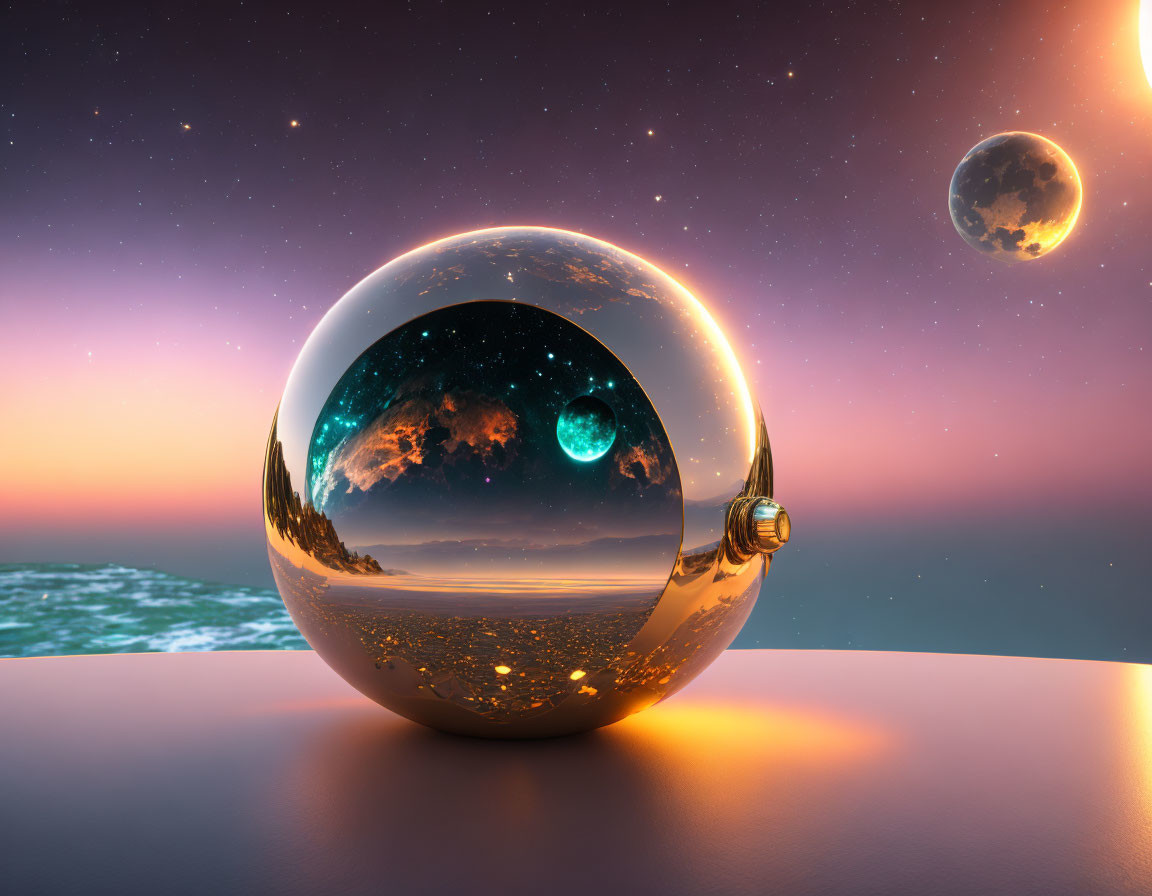 Reflective sphere displaying inverted landscape with starry sky, ocean, and planet.