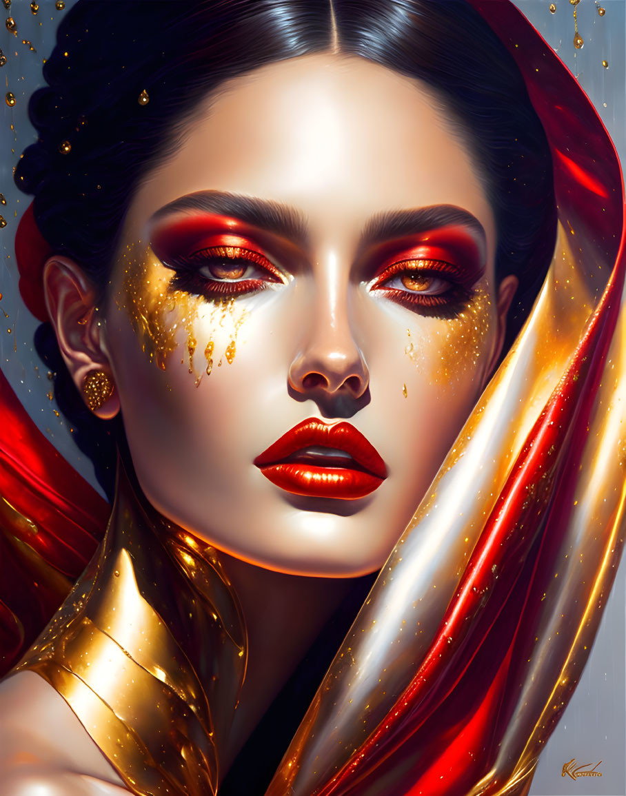 Digital portrait of woman with red makeup, gold adornments, red and white garment