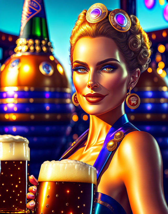 Digital artwork: Woman with curlers holding beers in neon-lit brewery