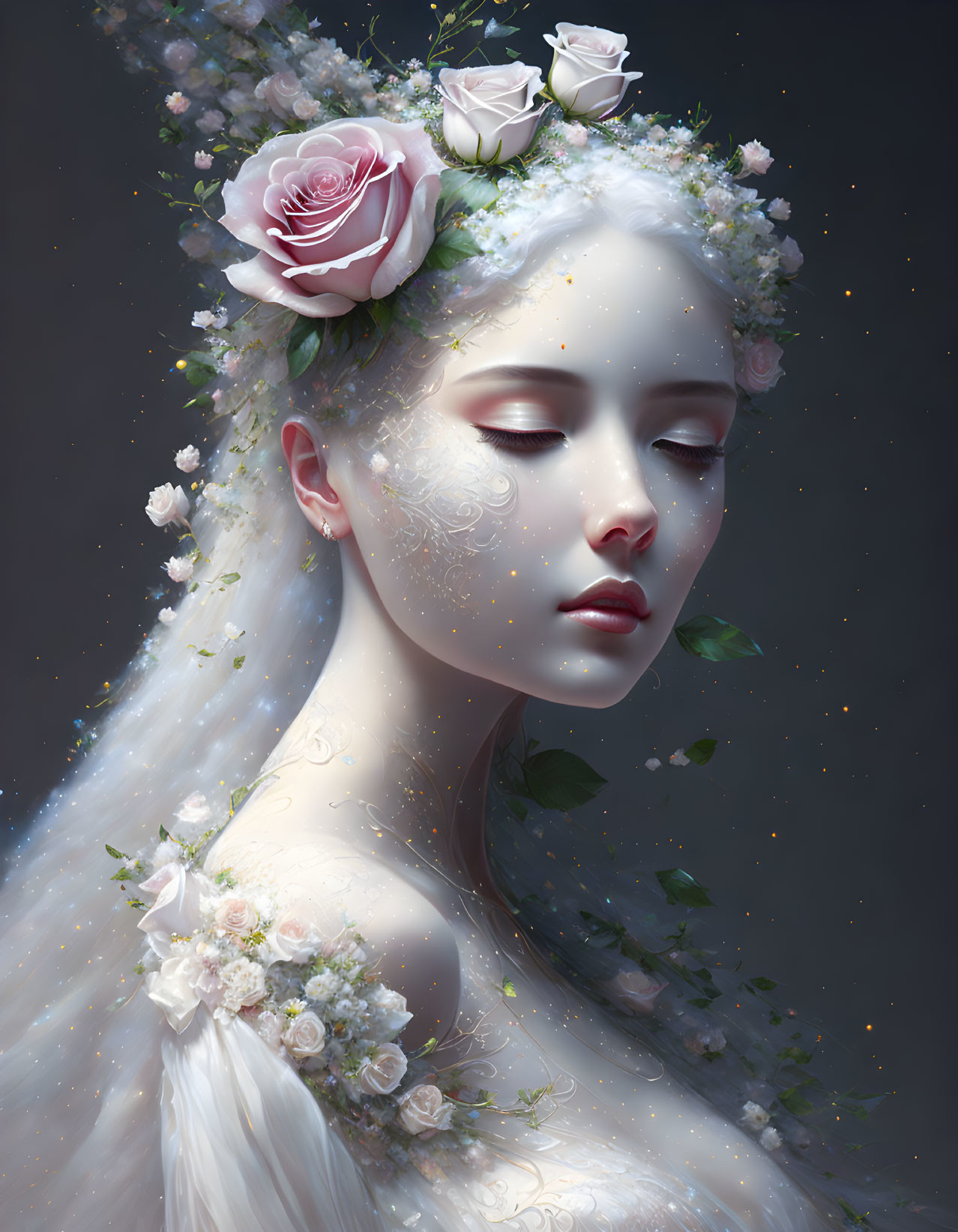 Woman with porcelain skin in floral headpiece under ethereal light