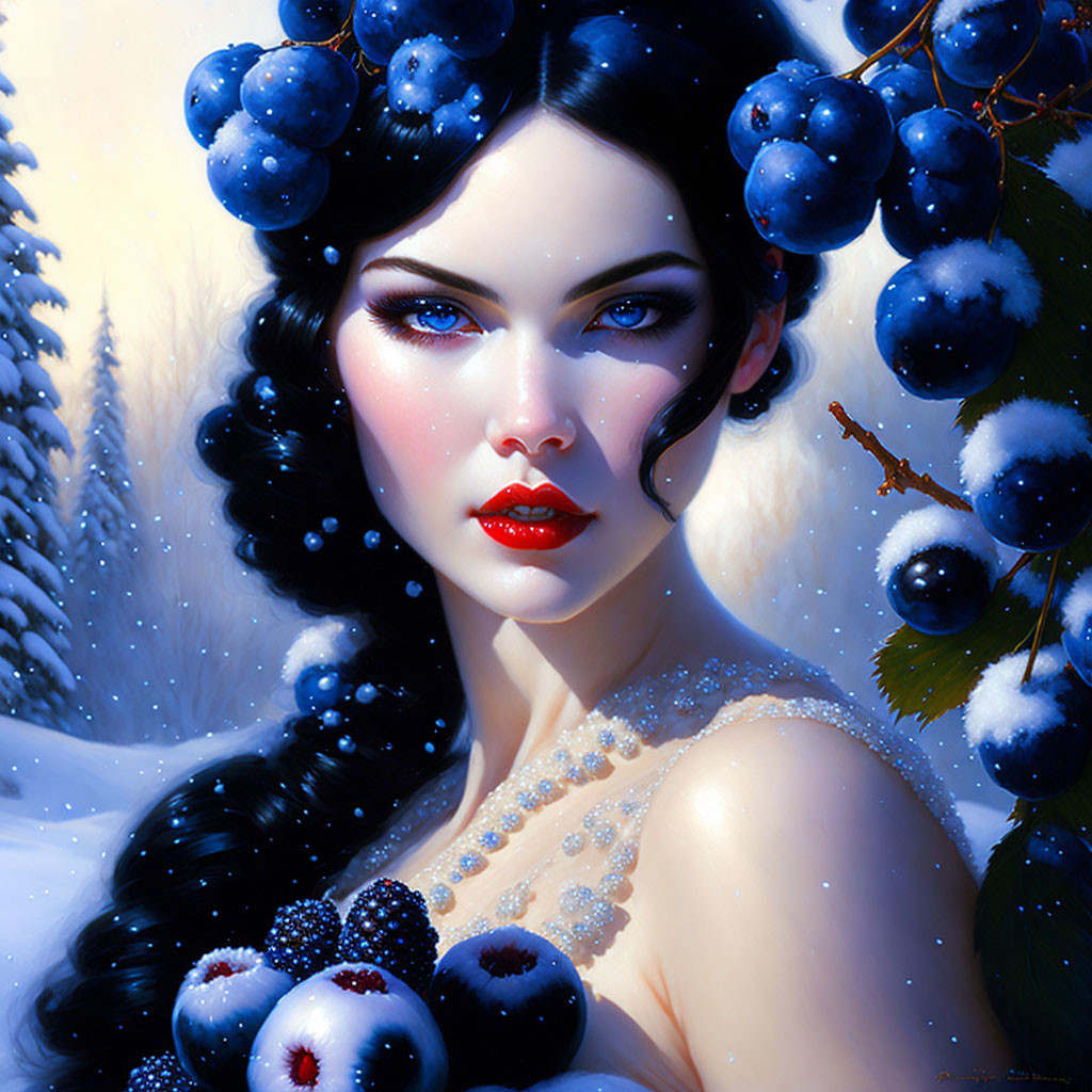 Illustrated portrait: Woman with dark hair and frosty blueberries in snowy setting