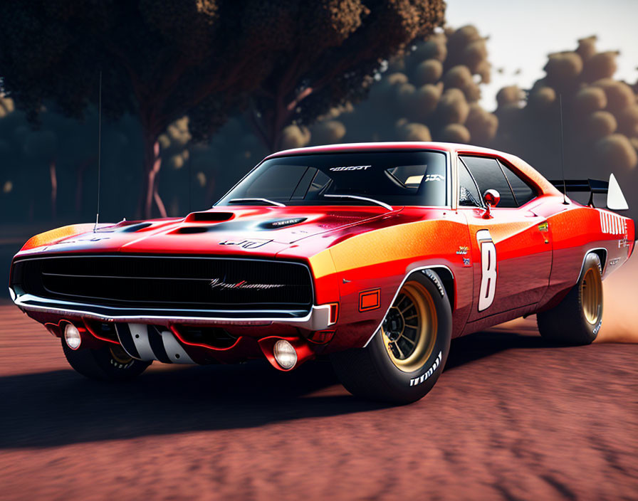 Red 1970 Dodge Charger with racing decals and spoiler parked on road with blurred background