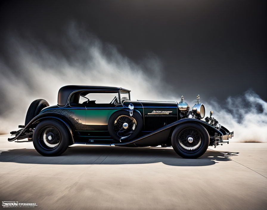 Vintage Black Car Displayed Dramatically under Cloudy Sky