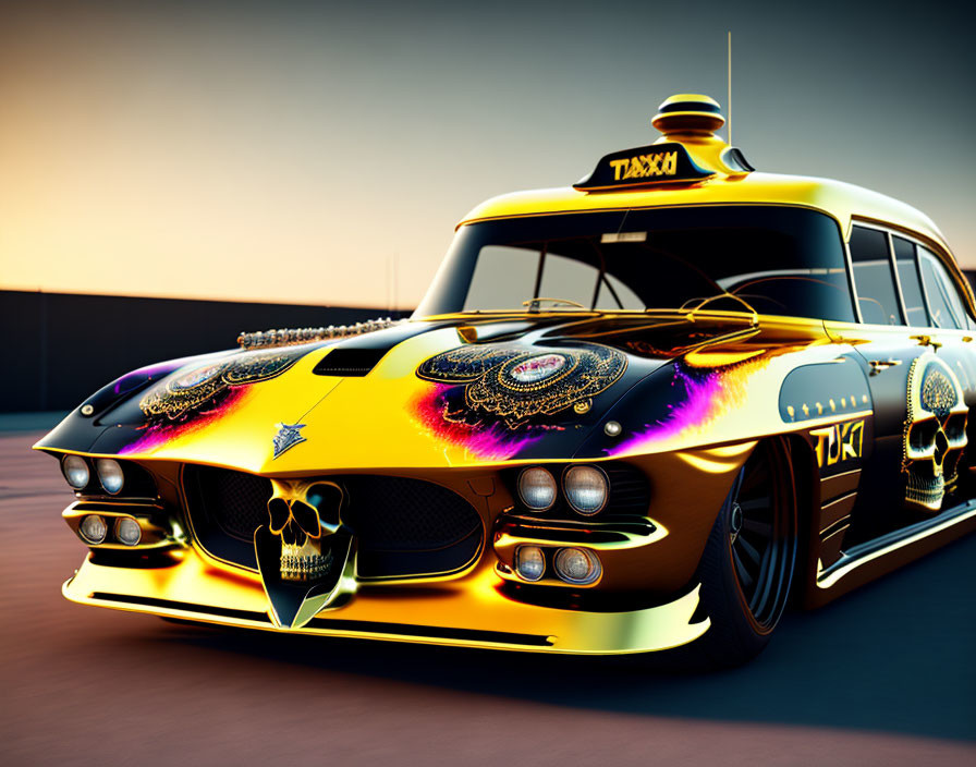 Custom-designed taxi with skull and flame motifs in vibrant yellow-to-orange gradient.