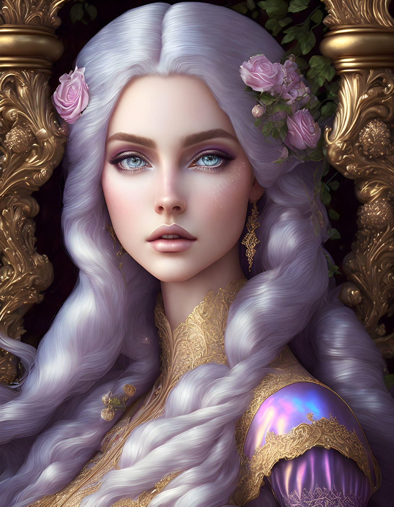 Portrait of woman with silver hair, blue eyes, pink roses, gold-trimmed purple attire