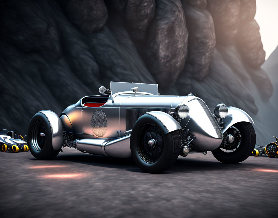 Vintage Silver Race Car on Asphalt Road Near Rocky Terrain