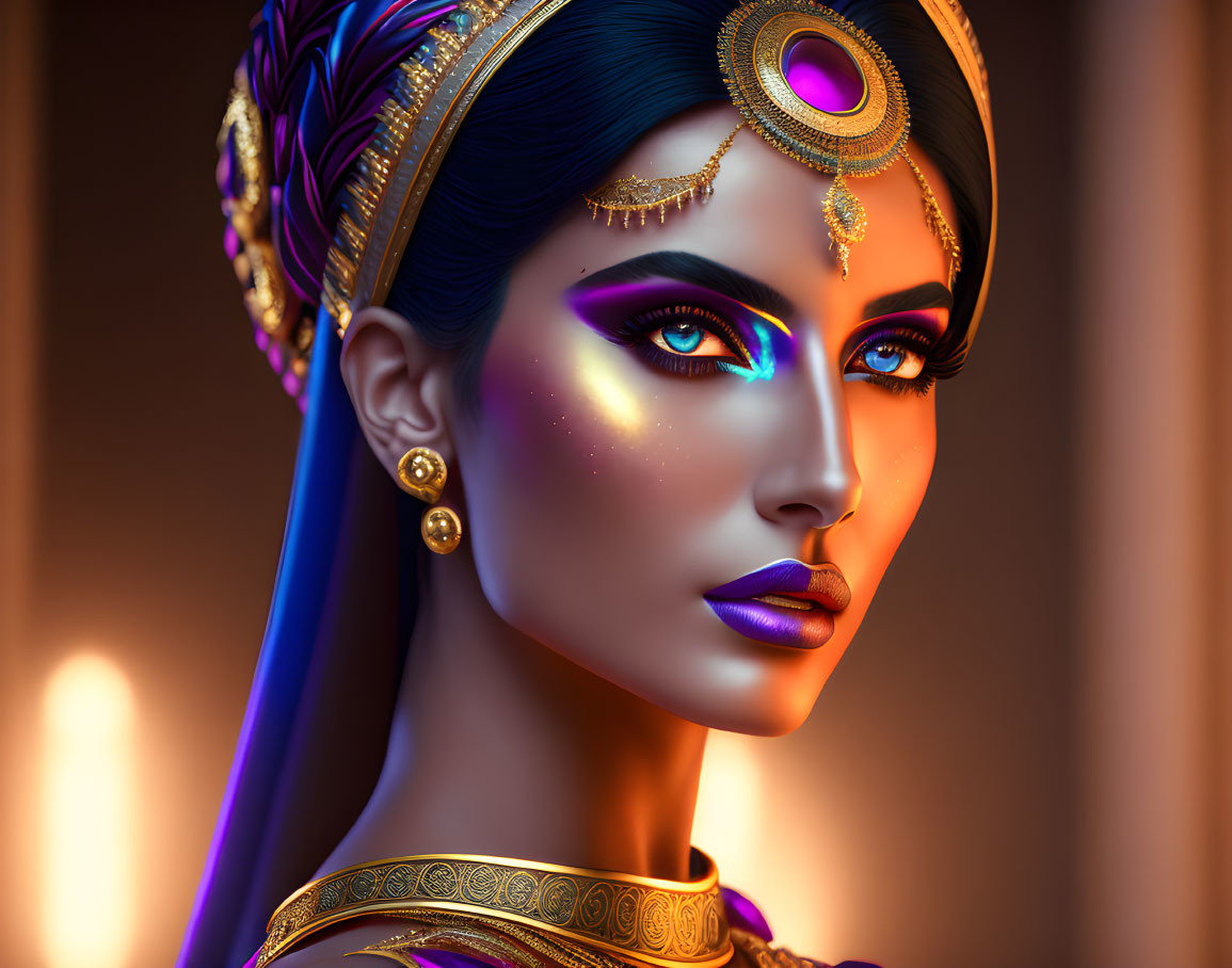 Digital artwork of regal woman with intricate golden jewelry and headdress