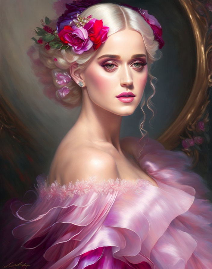 Woman portrait with floral hair, pink makeup, and ruffled dress in golden oval frame