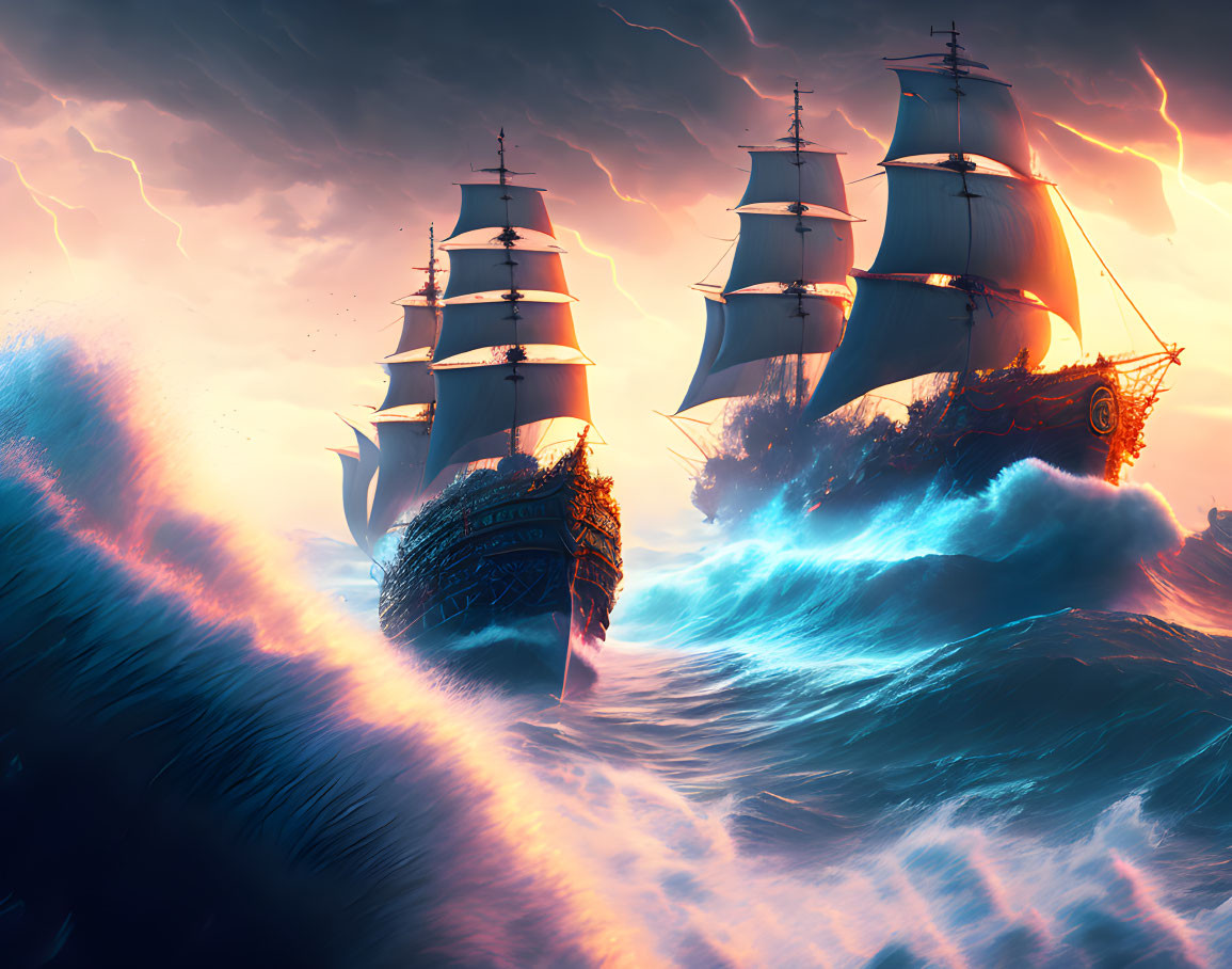 Sailing ships battling high waves in stormy sky with lightning