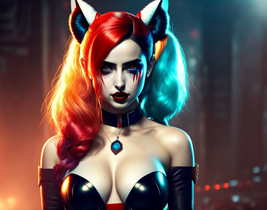 Woman with Half-Red, Half-Blue Hair in Cat Ears and Choker