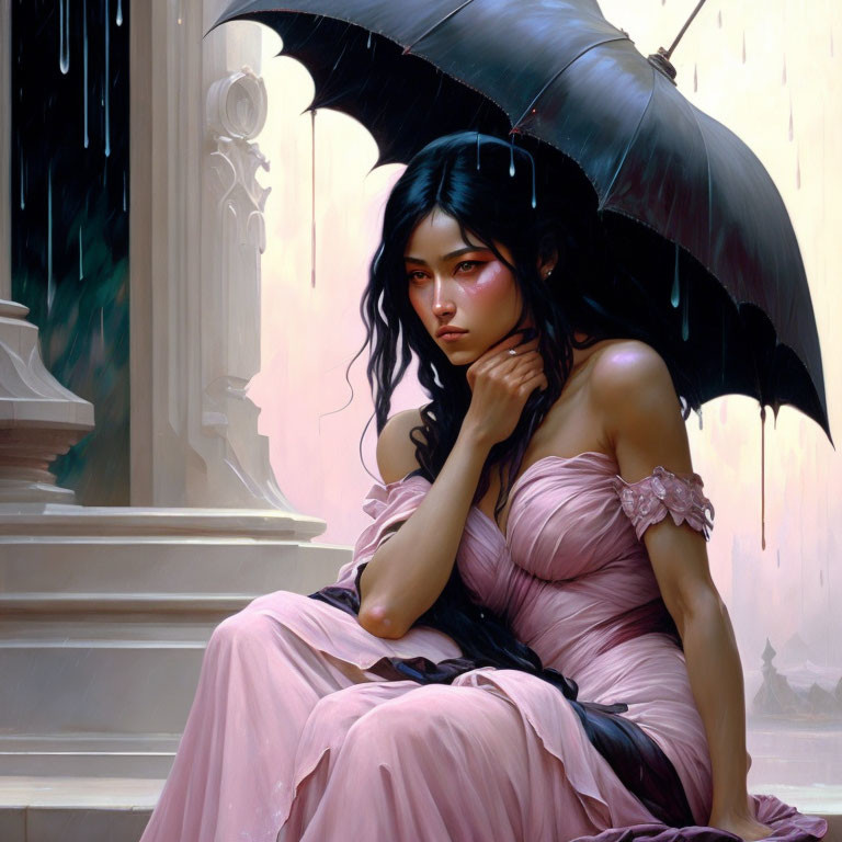 Digital painting of woman with dark hair under umbrella in pink dress against classical architecture backdrop with raindrops.