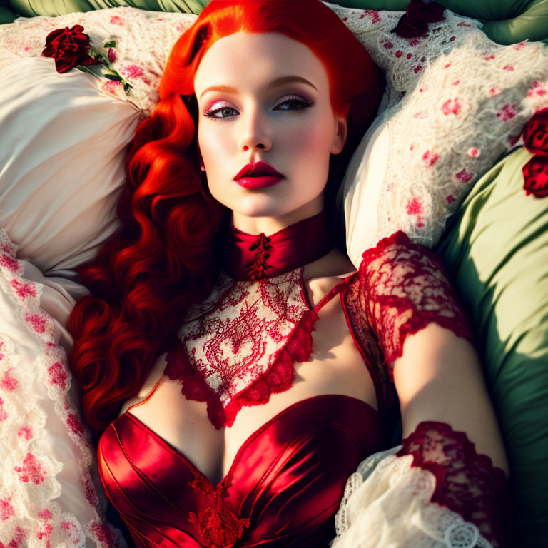 Red-haired woman in vintage lace attire with roses, lying on cushions