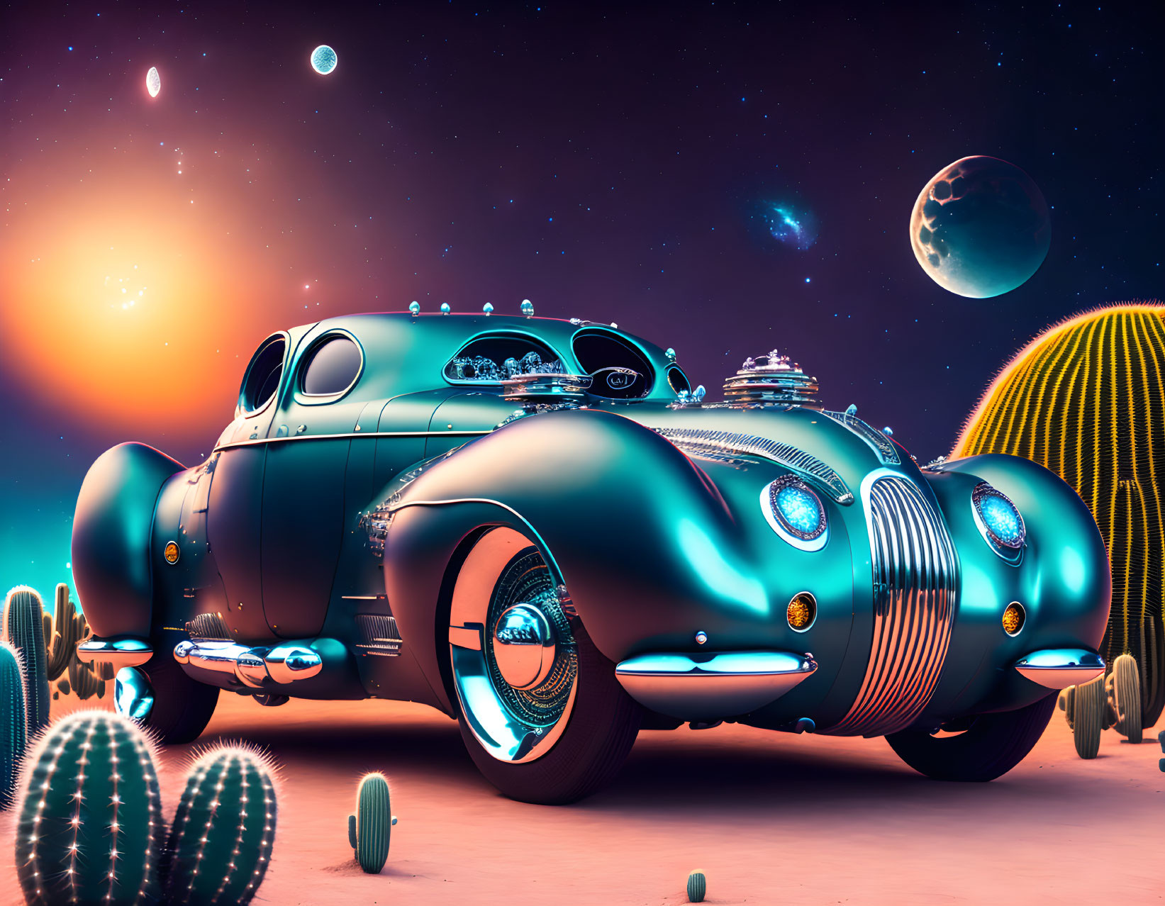 Futuristic chrome-detailed car in alien desert with moons