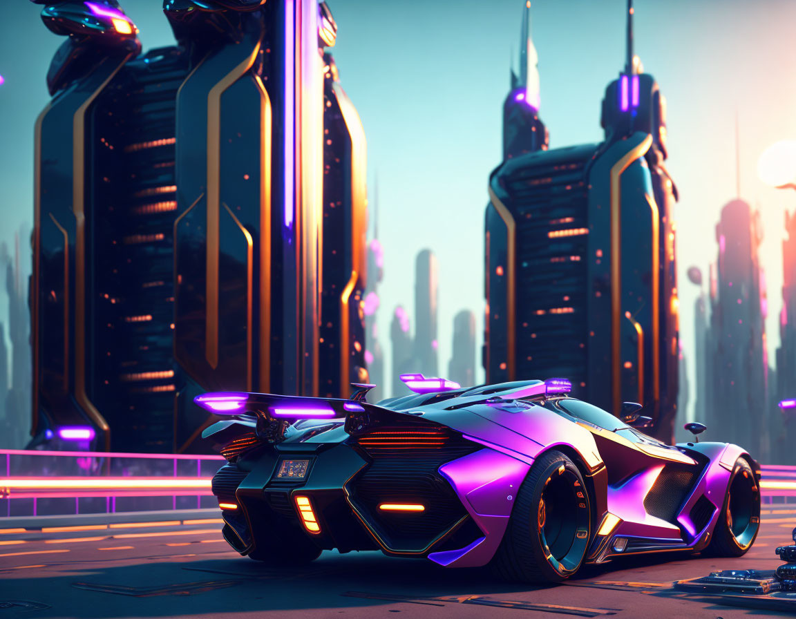 Futuristic sports car with purple and blue neon lights in high-tech cityscape