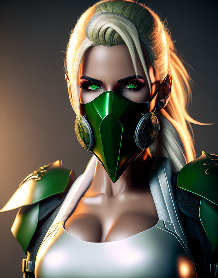 Futuristic 3D illustration of female figure with platinum blonde hair and green mask