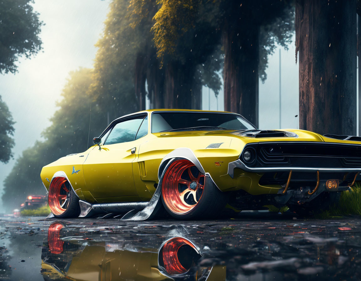 Yellow vintage muscle car on wet road with tree-lined backdrop