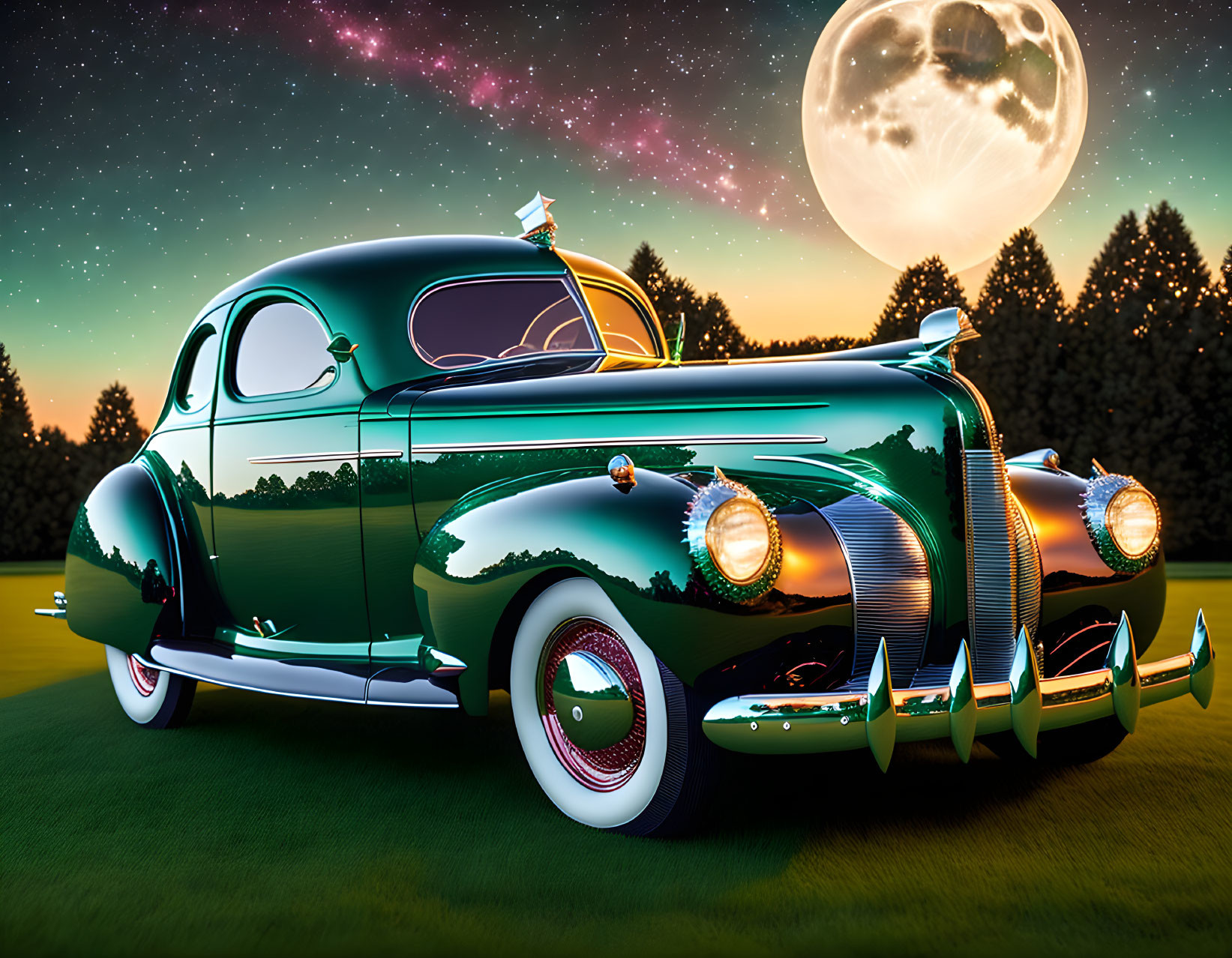 Classic Car with Headlights on Grass Under Moonlit Sky