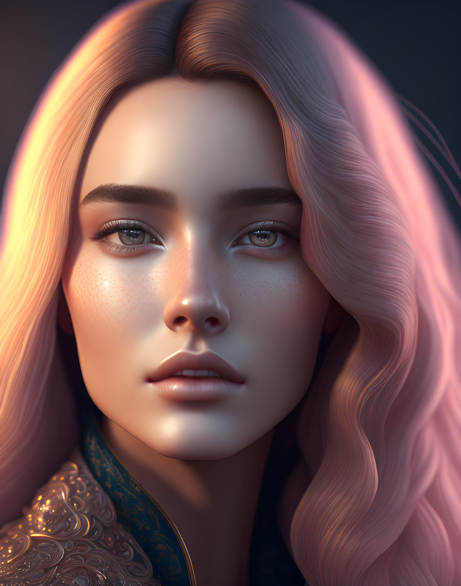 Detailed digital artwork: Female with pink wavy hair, fair skin, freckles, and blue