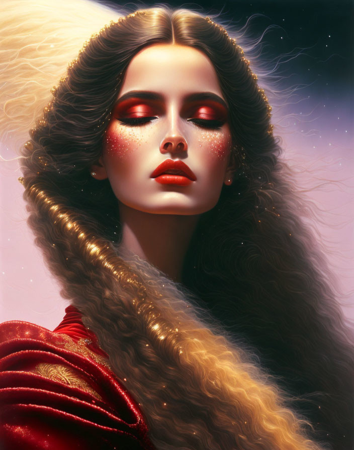 Voluminous wavy hair and red makeup in cosmic setting