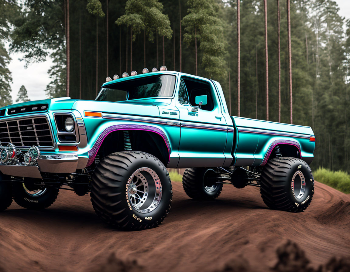 Vintage Turquoise Pickup Truck with Raised Suspension and Off-Road Tires in Pine Tree Setting