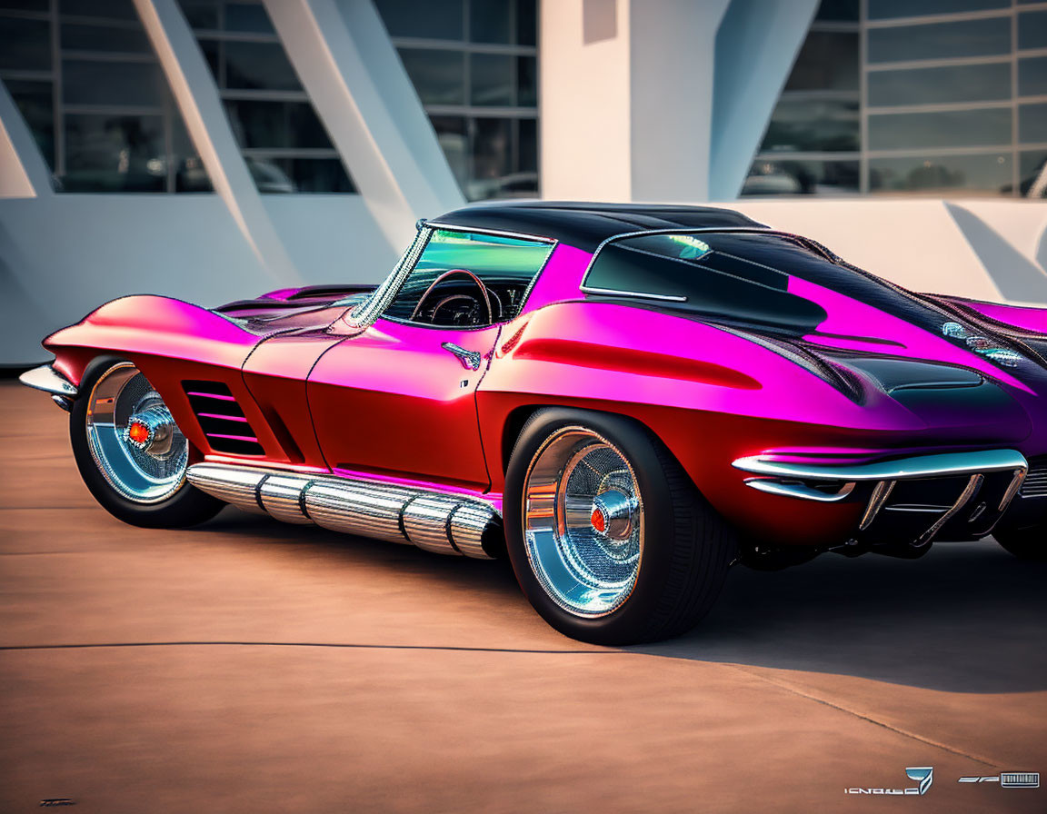 Shiny Purple Classic Car with Chrome Exhaust Pipes and Silver Wheels