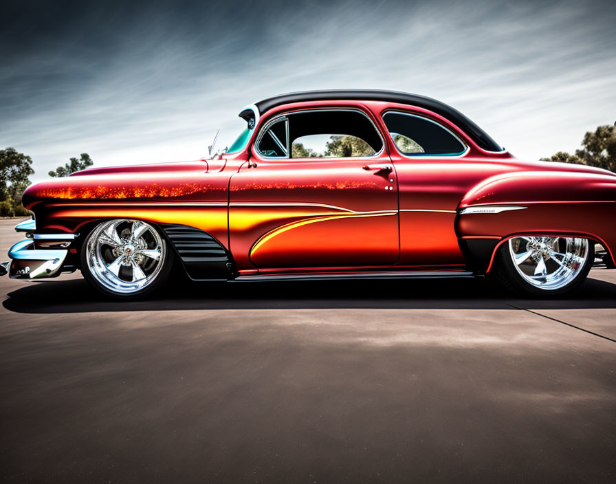 Vintage Car with Red and Orange Flame Paint, Chrome Wheels, and Low Suspension Displayed Outdoors