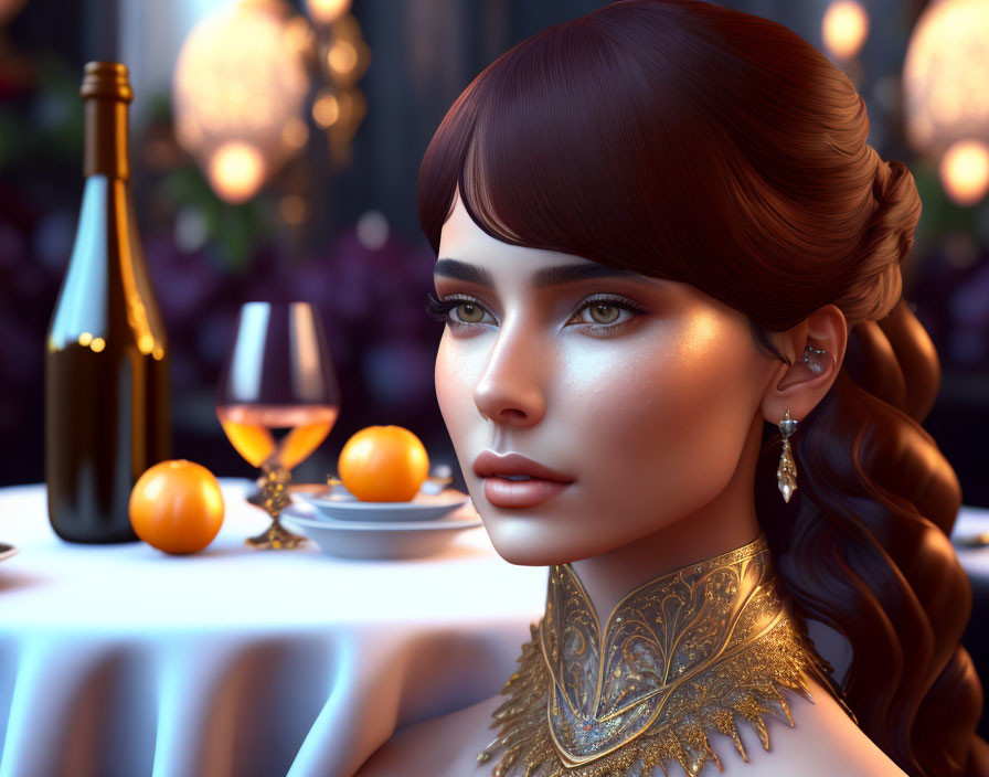 Sophisticated woman with gold necklace in plush 3D render setting