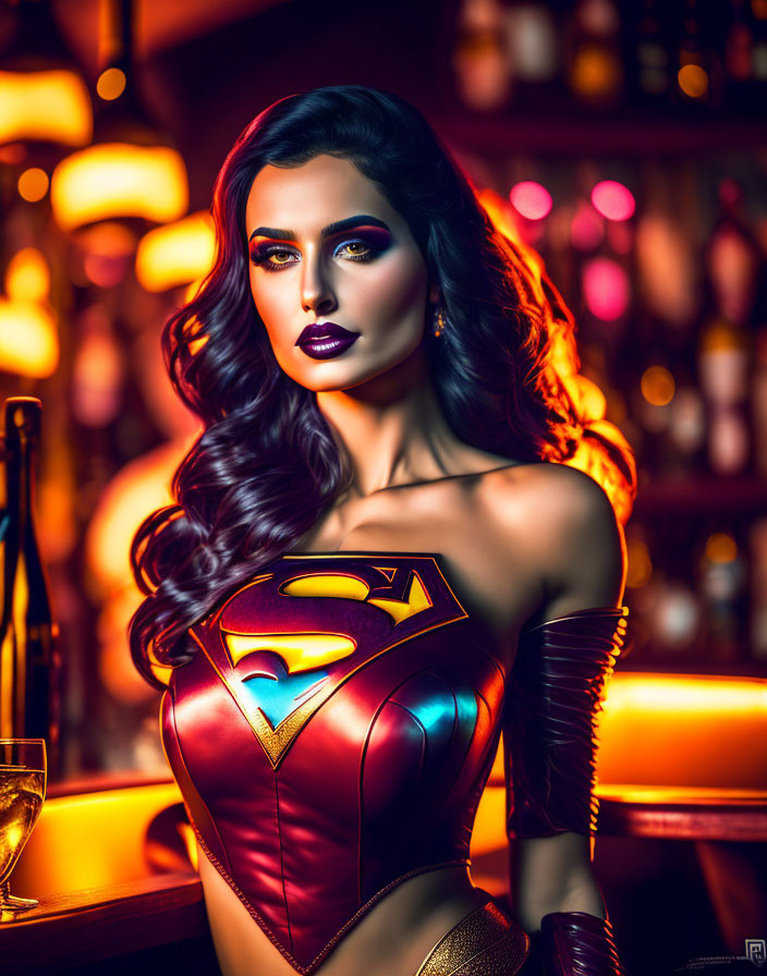 Woman in Superman-themed Outfit Poses in Dimly Lit Bar