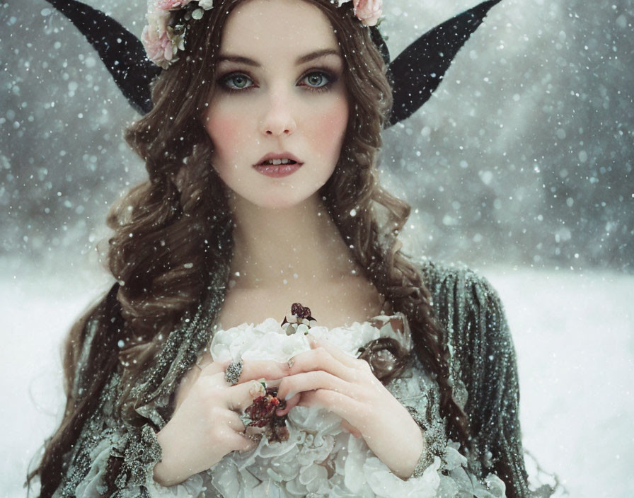 Woman with Blue Eyes in White Dress and Floral Headband in Snowfall