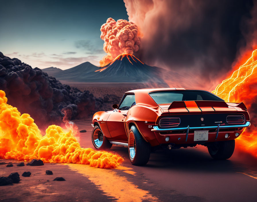 Red muscle car fleeing volcanic eruption with lightning and flowing lava