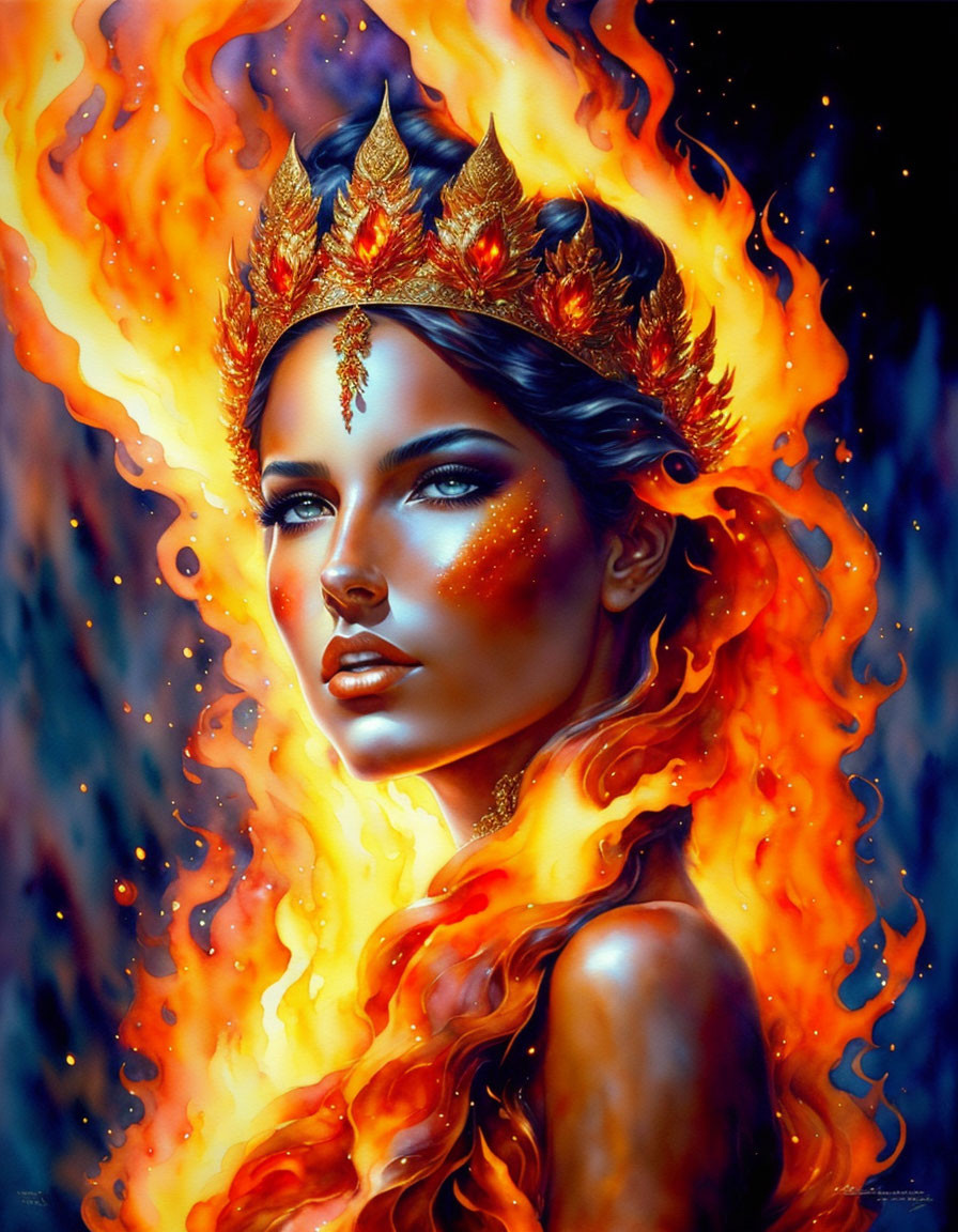 Fantastical portrait of woman with ornate crown in vivid orange flames