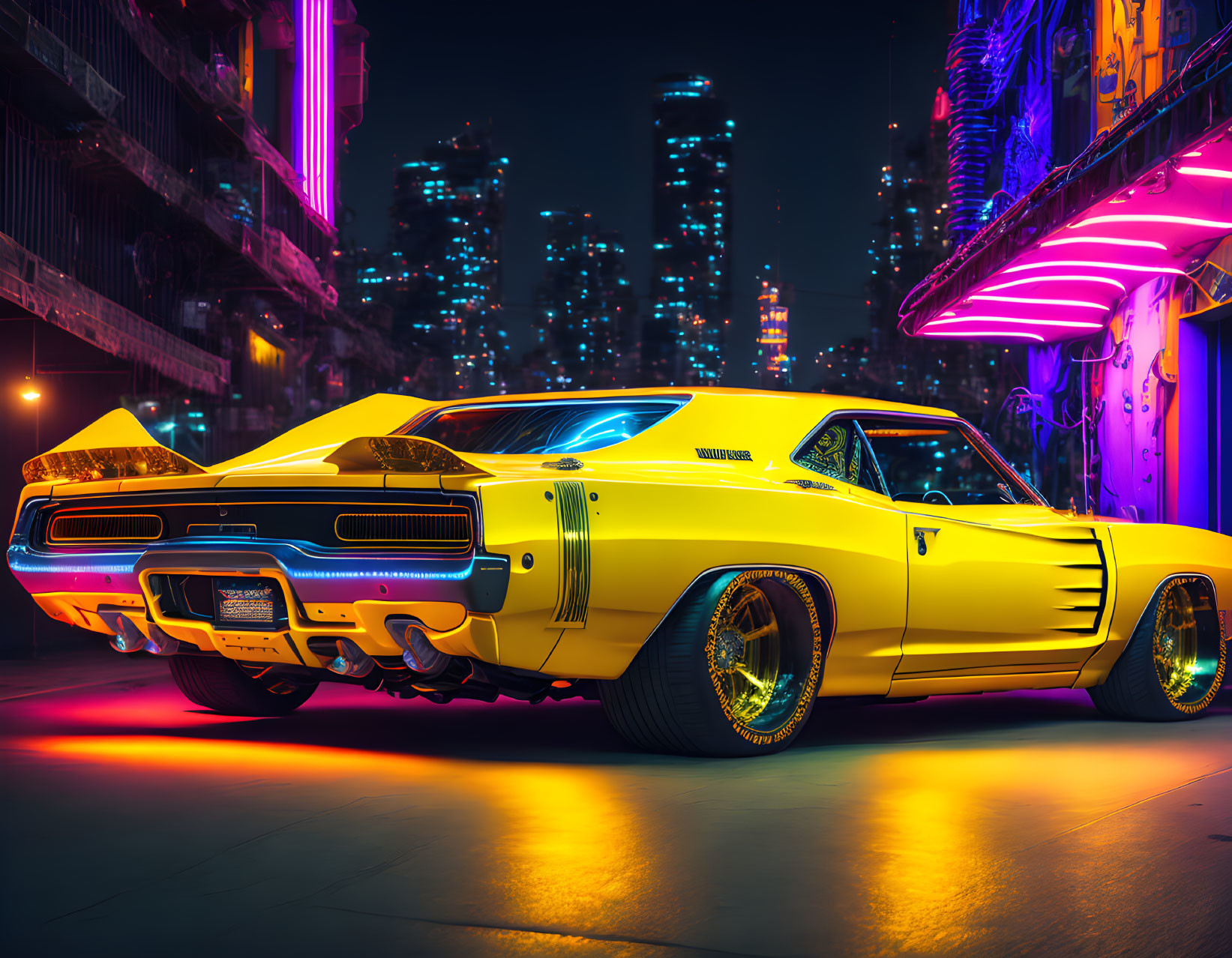 Vintage muscle car with neon underglow in vibrant city setting