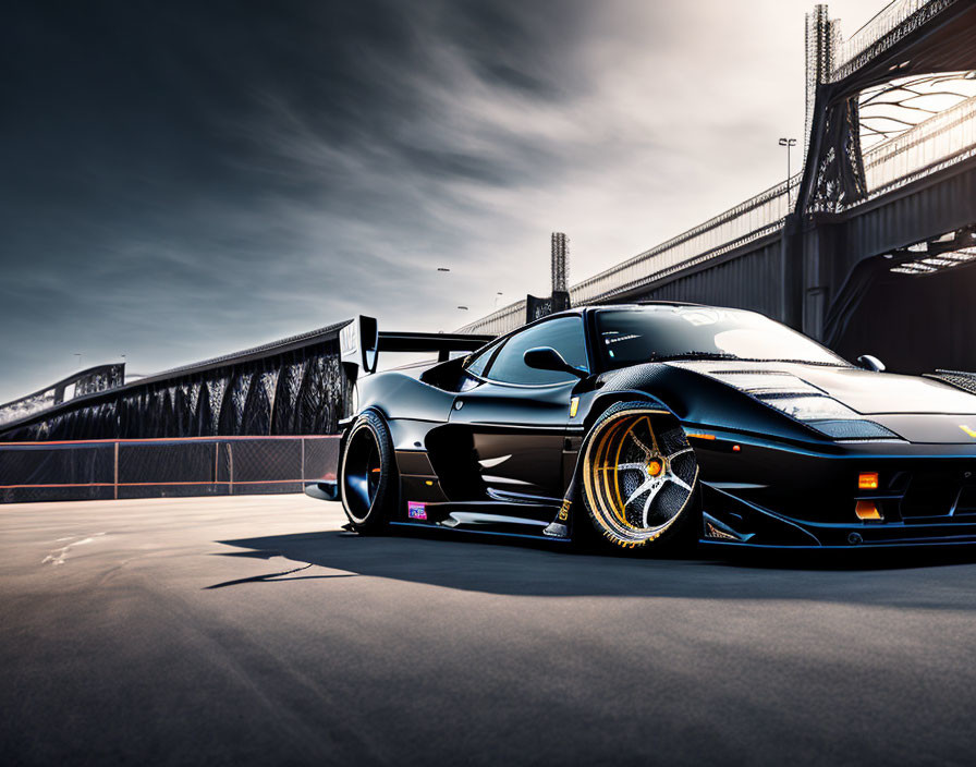 Black Sports Car with Gold Rims Parked on Asphalt Near Bridge