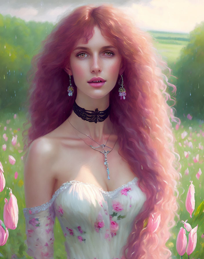 Pink-haired woman in floral dress with green eyes and choker in nature setting