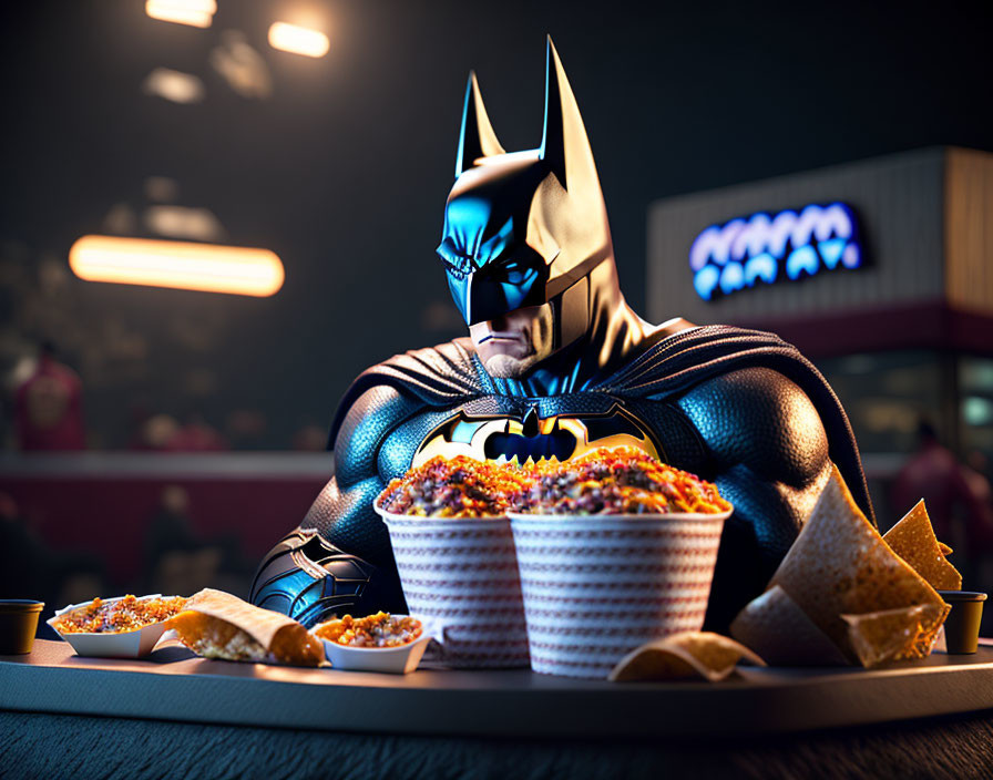 Stylized image: Batman with table of nachos, tacos, dips