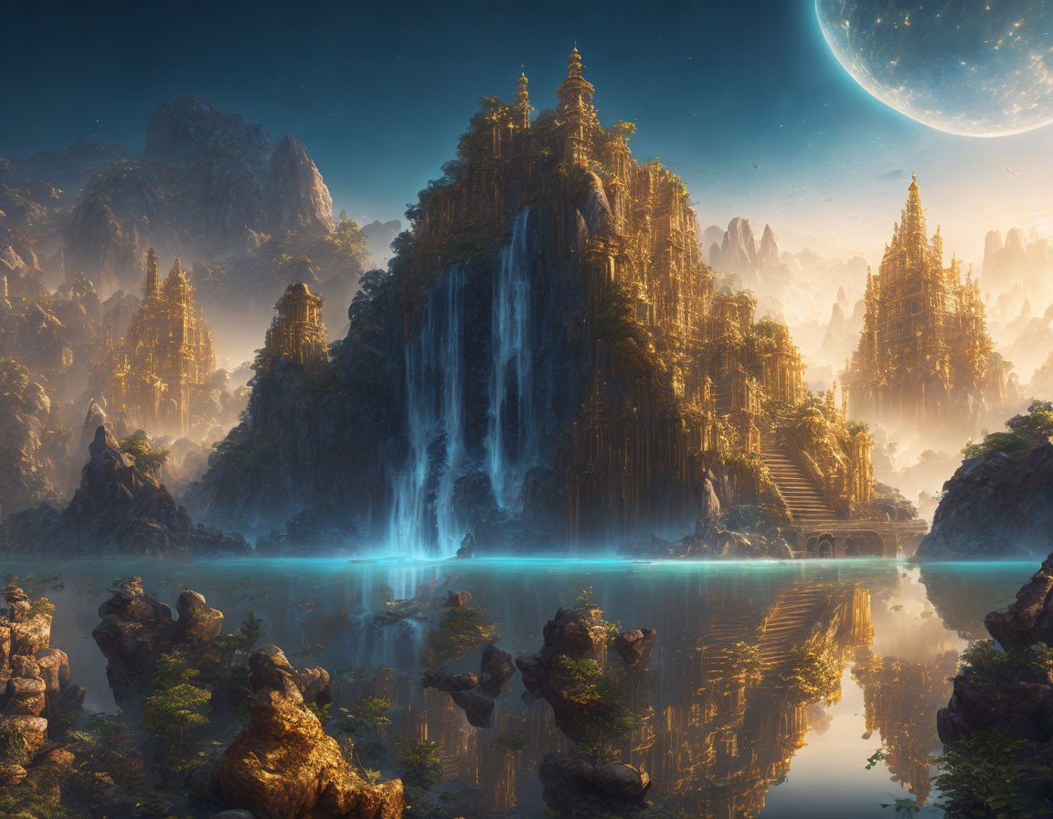 Majestic fantasy landscape with waterfalls, temples, lake, forests, and large moon